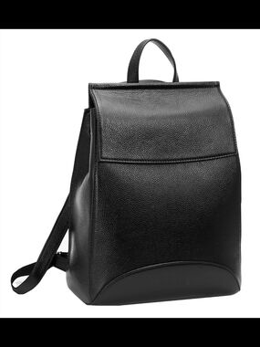 Heshe Pebbled Black Leather Flap Backpack